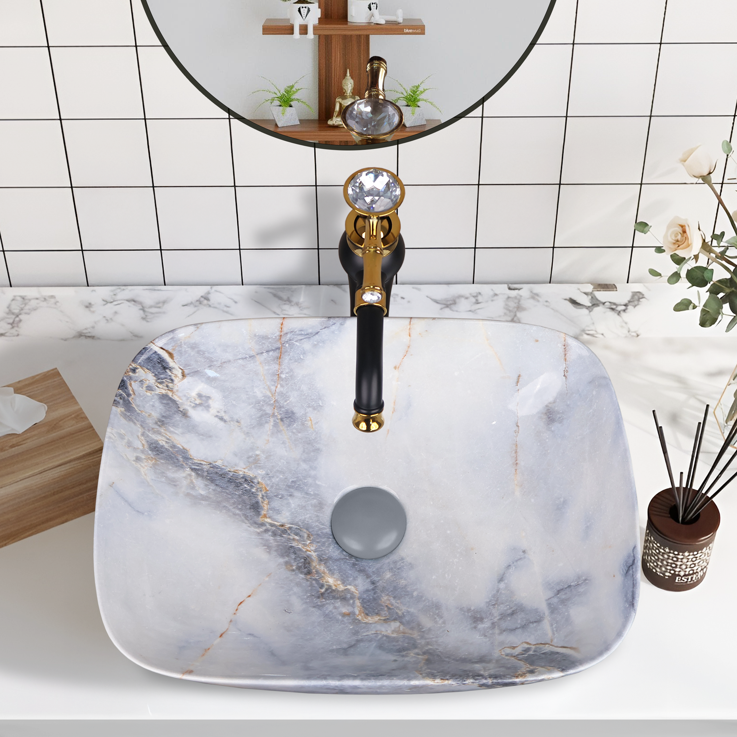 Germa Designer Wash Basin For Bathroom |Ceramic Table Top Wash Basin| Counter Top Basin For Restaurants,Living Room |45.5x32x14cm|Rectangle Shape