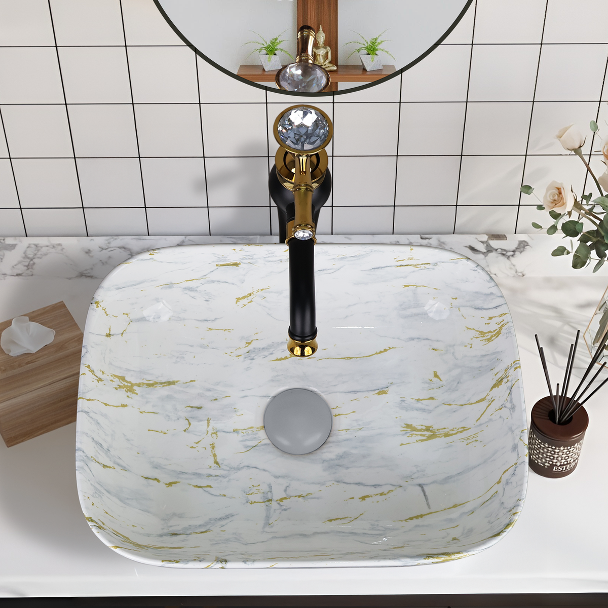 Designer Wash Basin For Bathroom | Ceramic Table Top Wash Basin | Counter Top Wash Basin For Restaurants, Home Living Room |41x31x14cm| Rectangle Shape