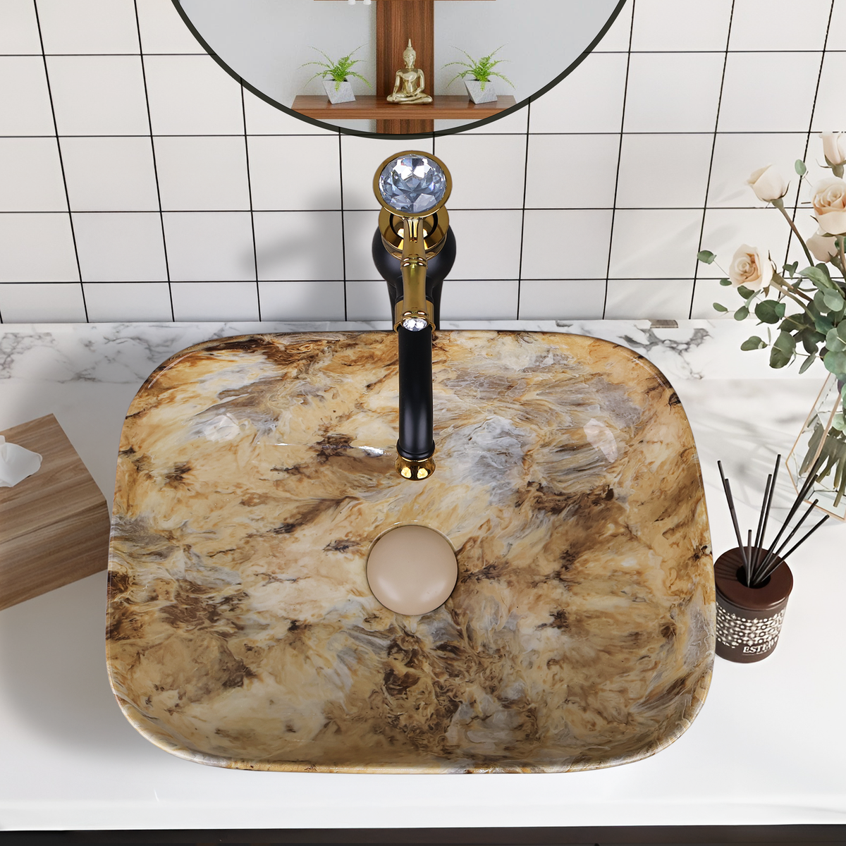 Designer Wash Basin For Bathroom | Ceramic Table Top Wash Basin | Counter Top Wash Basin For Restaurants, Home Living Room |41x31x14cm| Rectangle Shape
