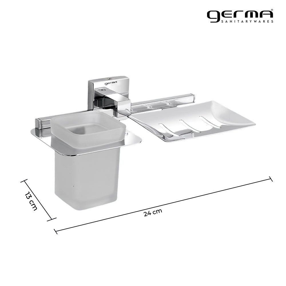Germa Sanitarywares 304 Stainless Steel Soap Dish with Tumbler Holder for Bathroom | 2 in 1 Soap Holder with Tumbler Holder | Tumbler Holder | Soap Dish | Bathroom Accessories (Chrome) - TR 9130 Soap Dish + Tumbler Holder (Glass)