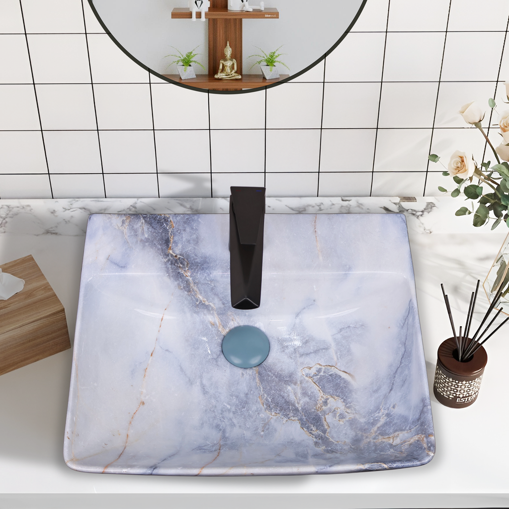 Germa Designer Wash Basin For Bathroom | Ceramic Table Top Wash Basin | Counter Top Wash Basin For Restaurants, Home Living Room |46x36x16cm| Rectangle Shape