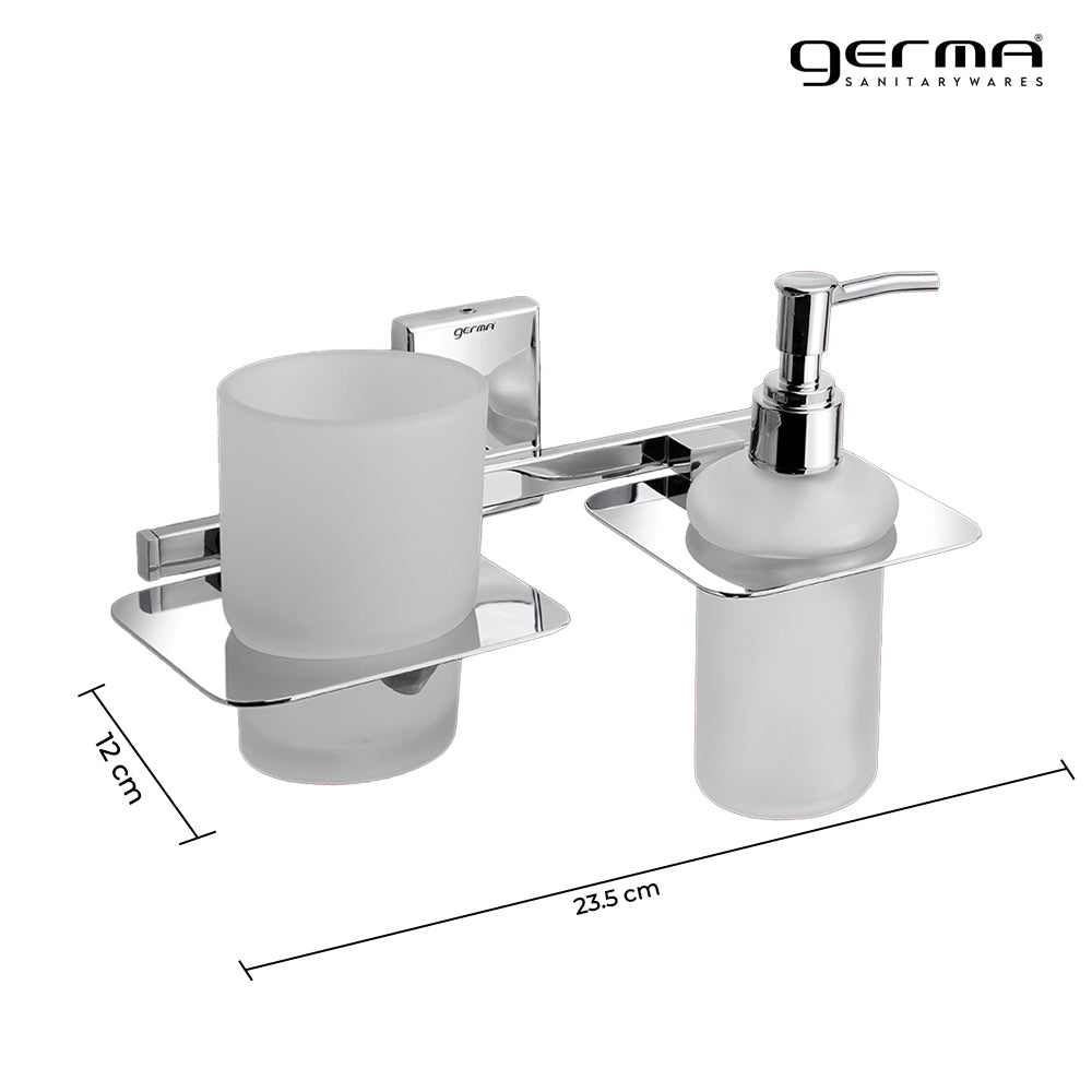 Germa Sanitarywares 304 Grade Stainless Steel Liquid Soap Dispenser with Tumbler Holder for Bathroom | 2 in 1 | Tooth Brush Holder | Shampoo Dispenser | Bathroom Accessories (Chrome) - TR 9115 Tumbler Holder + Liquid Soap Dispenser (Glass)