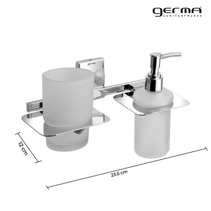 Germa Sanitarywares 304 Grade Stainless Steel Liquid Soap Dispenser with Tumbler Holder for Bathroom | 2 in 1 | Tooth Brush Holder | Shampoo Dispenser | Bathroom Accessories (Chrome) - TR 9115 Tumbler Holder + Liquid Soap Dispenser (Glass)