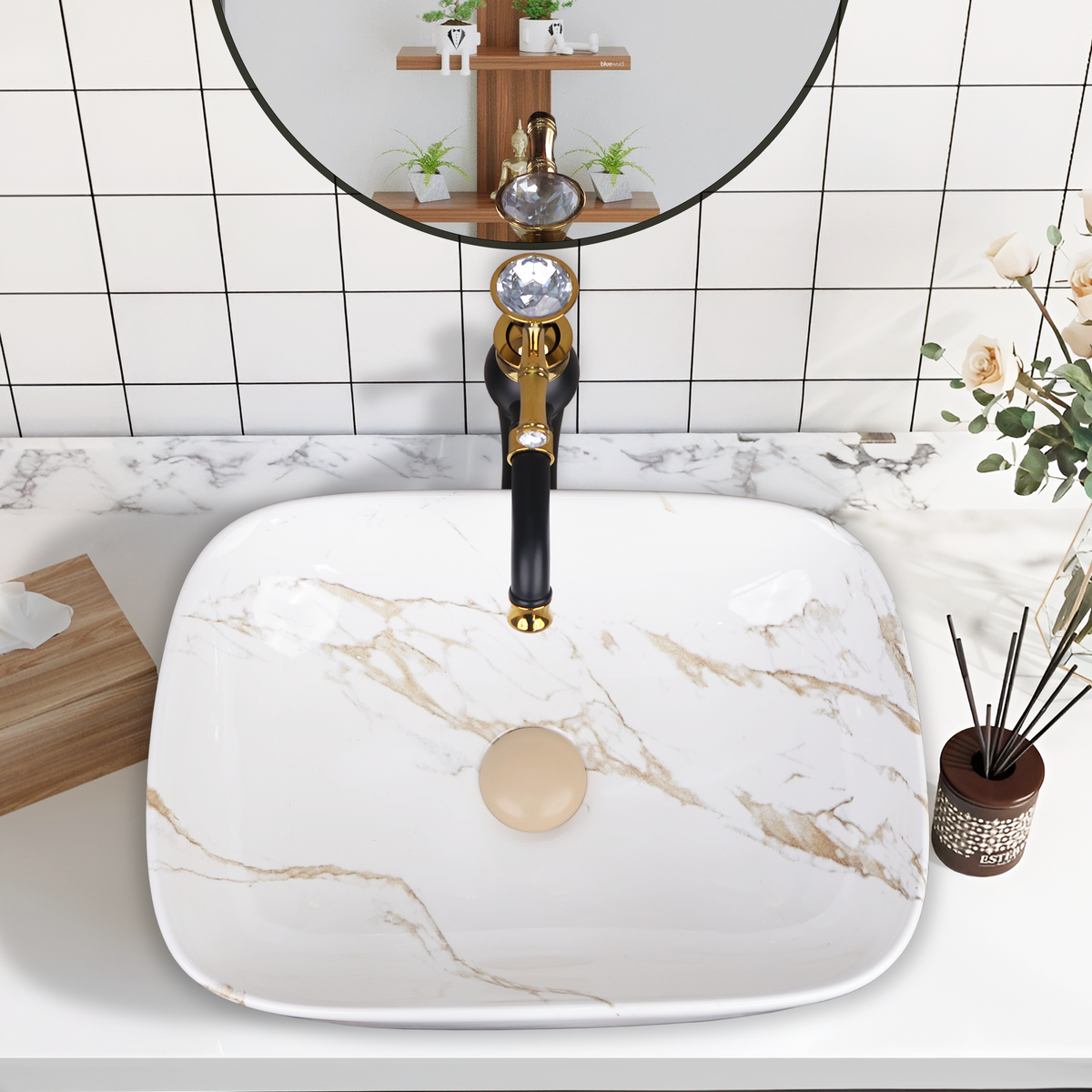 Germa Designer Wash Basin For Bathroom |Ceramic Table Top Wash Basin| Counter Top Basin For Restaurants,Living Room |45.5x32x14cm|Rectangle Shape