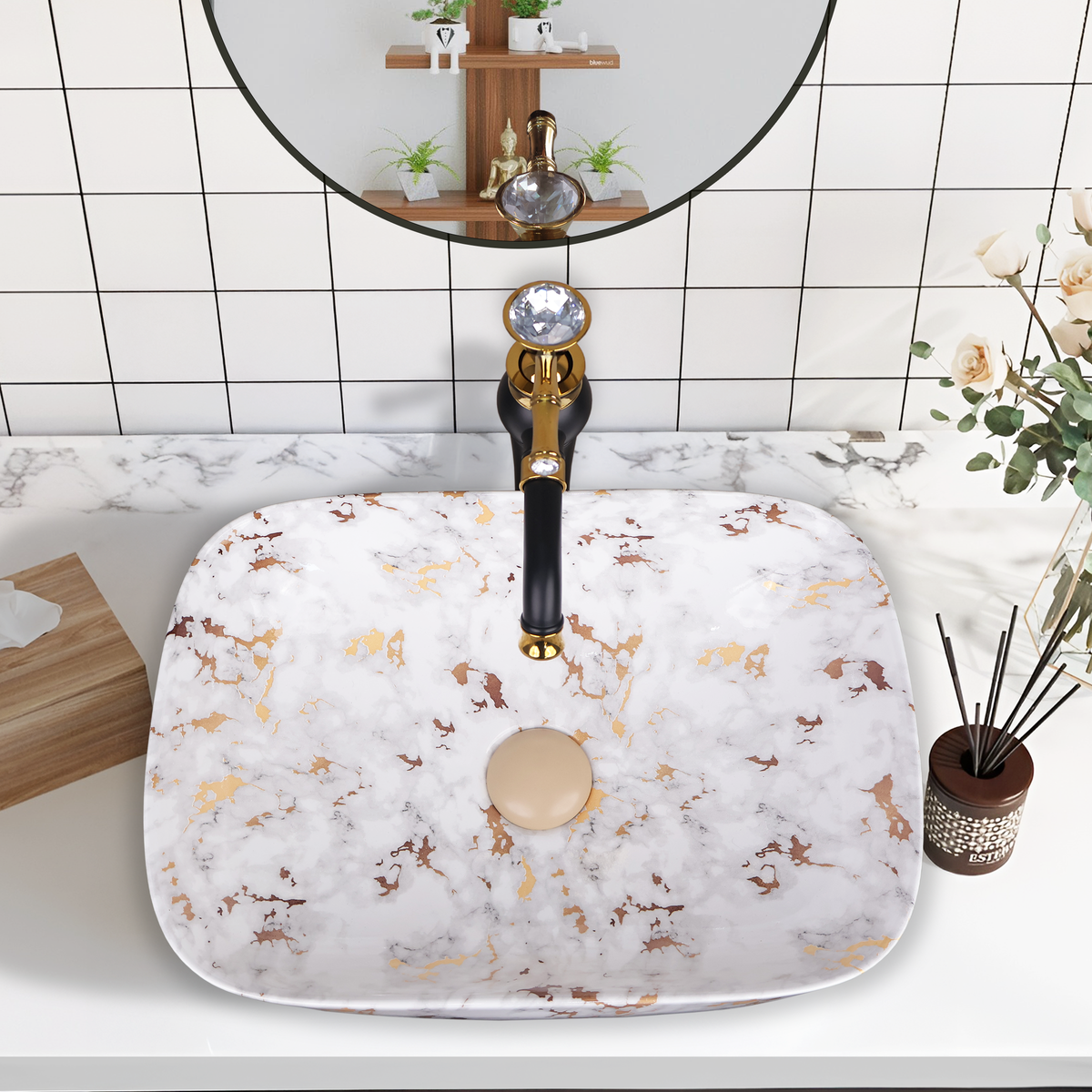 Germa Designer Wash Basin For Bathroom |Ceramic Table Top Wash Basin| Counter Top Basin For Restaurants,Living Room |45.5x32x14cm|Rectangle Shape