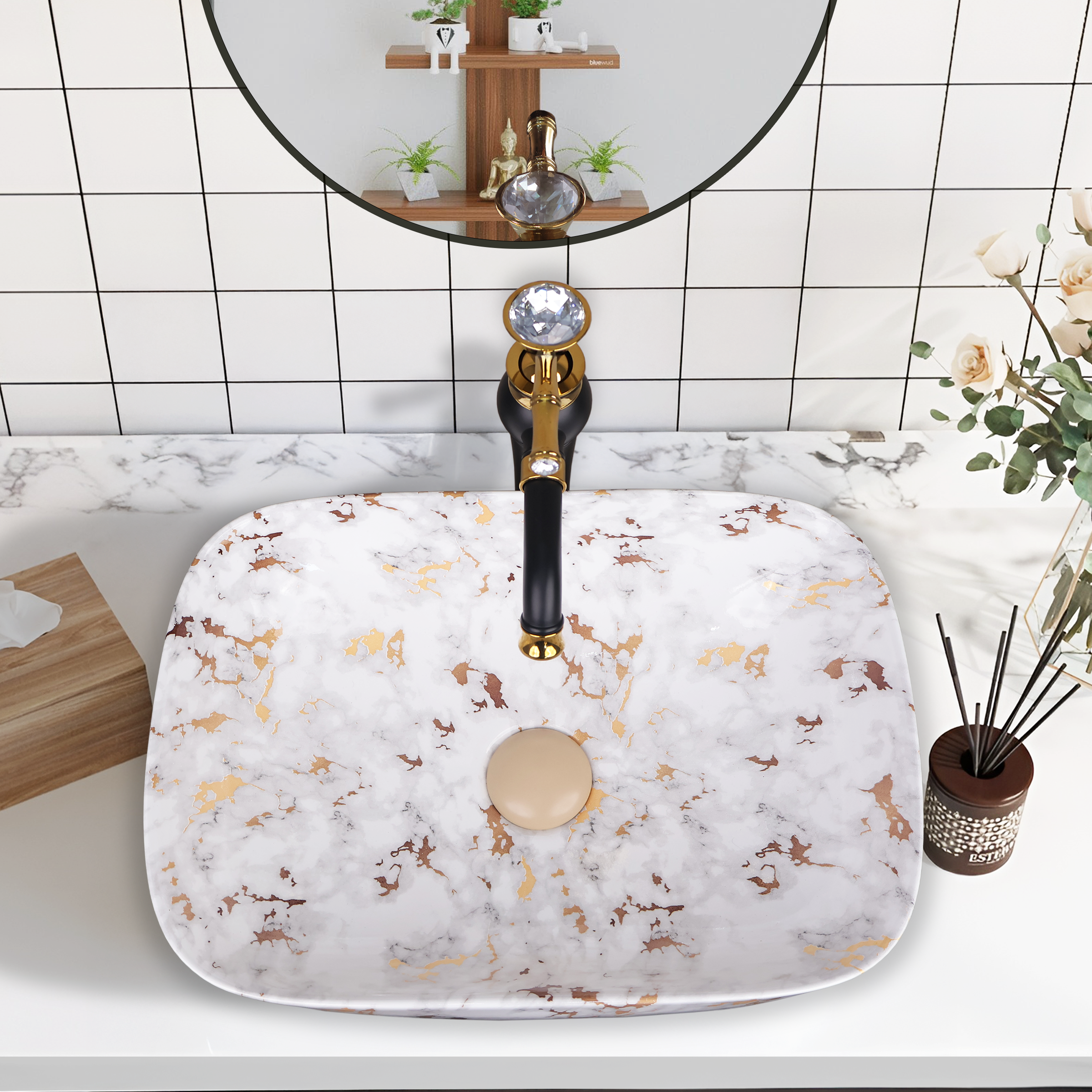 Germa Designer Wash Basin For Bathroom |Ceramic Table Top Wash Basin| Counter Top Basin For Restaurants,Living Room |45.5x32x14cm|Rectangle Shape