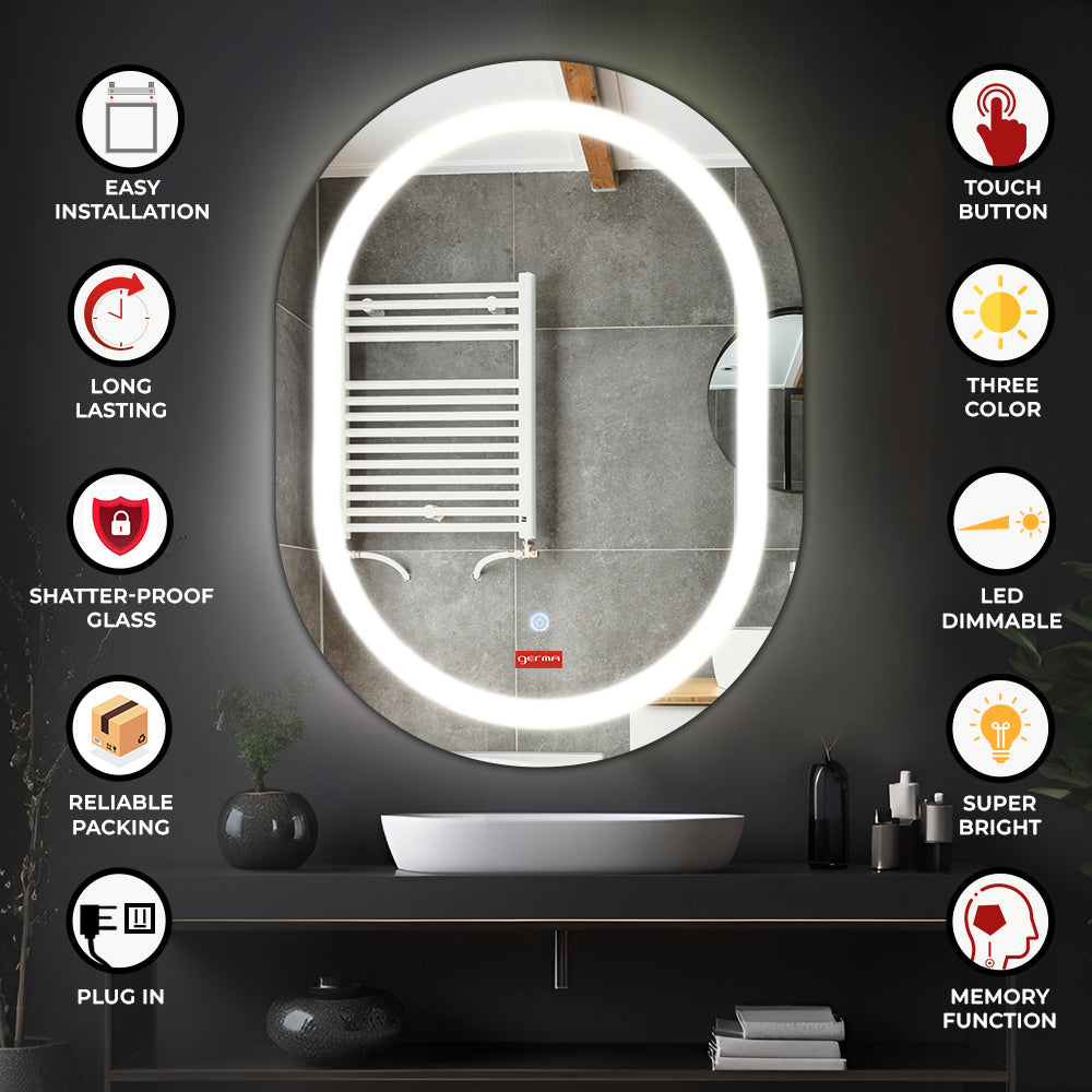 Germa LED Mirror for Bathroom with 3Lights Color Tone and Touch Sensor/Designer Mirror for Living & Bed Room/Dimmable and Memory Function Wall Mirror–Oval Capsule Shape(18x24Inch) - TR LED 7572