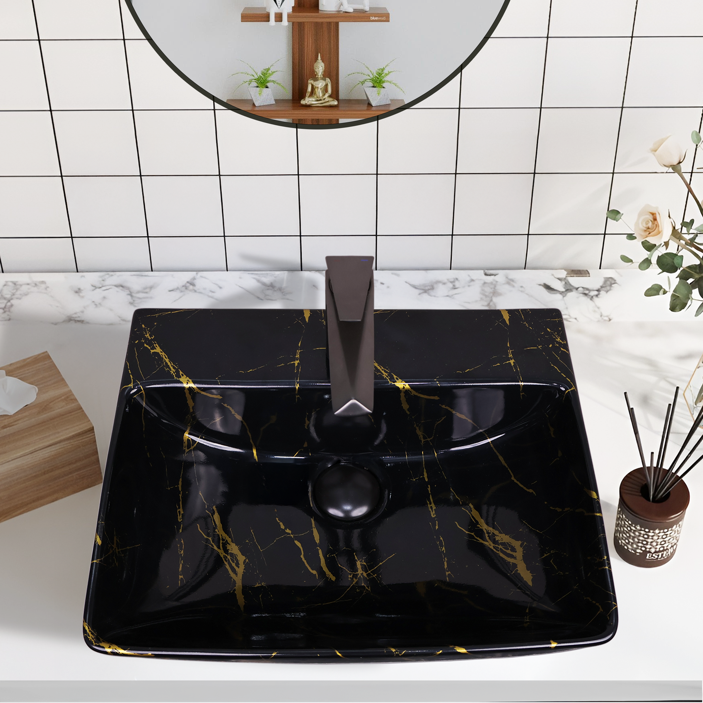 Germa Designer Wash Basin For Bathroom | Ceramic Table Top Wash Basin | Counter Top Wash Basin For Restaurants, Home Living Room |46x36x16cm| Rectangle Shape