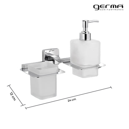 Germa Sanitarywares 304 Grade Stainless Steel Liquid Soap Dispenser with Tumbler Holder for Bathroom | 2 in 1 | Shampoo Dispenser | Tooth Brush Holder | Bathroom Accessories (Chrome) - TR 9155 Tumbler Holder + Liquid Soap Dispenser(Glass)