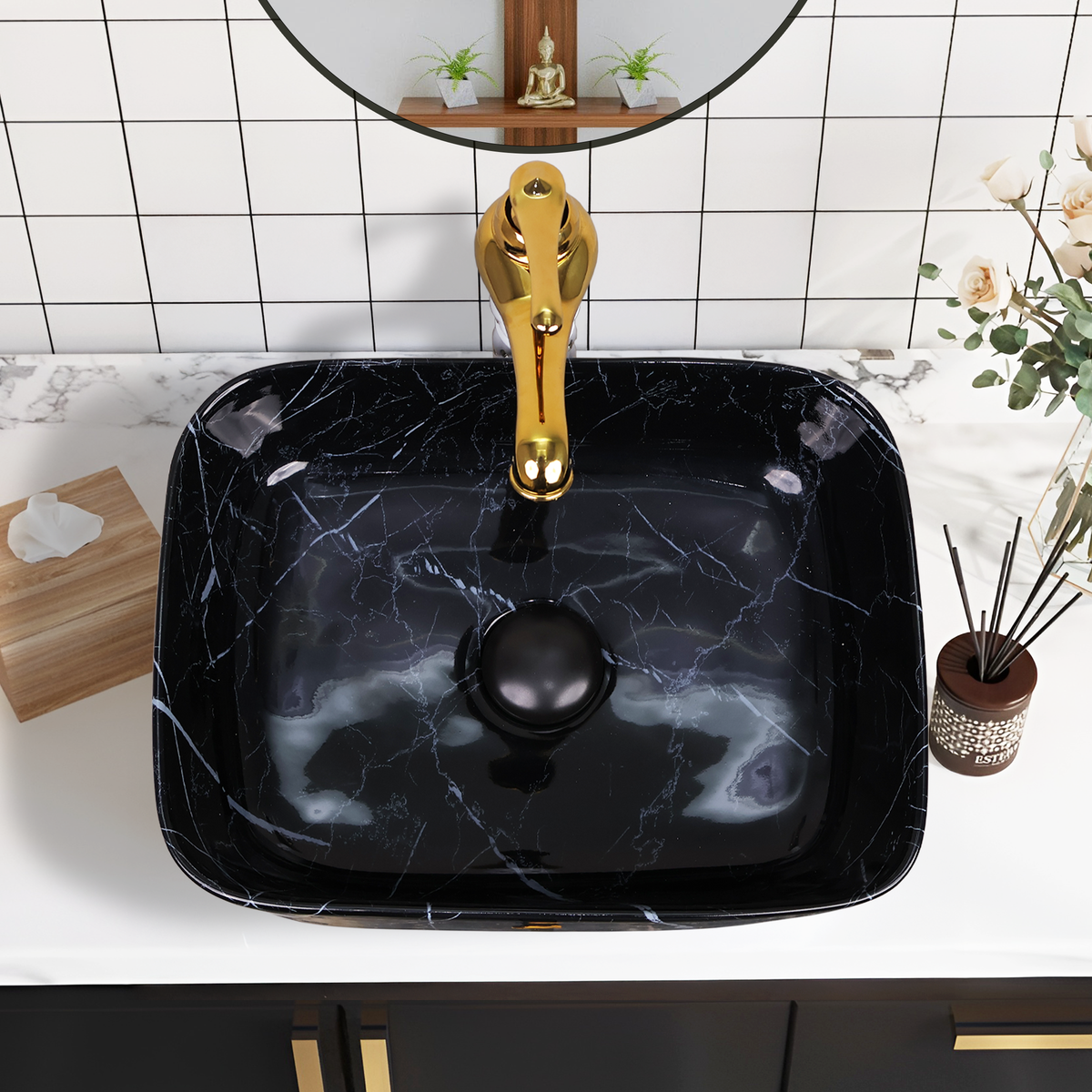 Designer Wash Basin For Bathroom | Ceramic Table Top Wash Basin | Counter Top Wash Basin For Restaurants, Home Living Room |41x31x14cm| Rectangle Shape