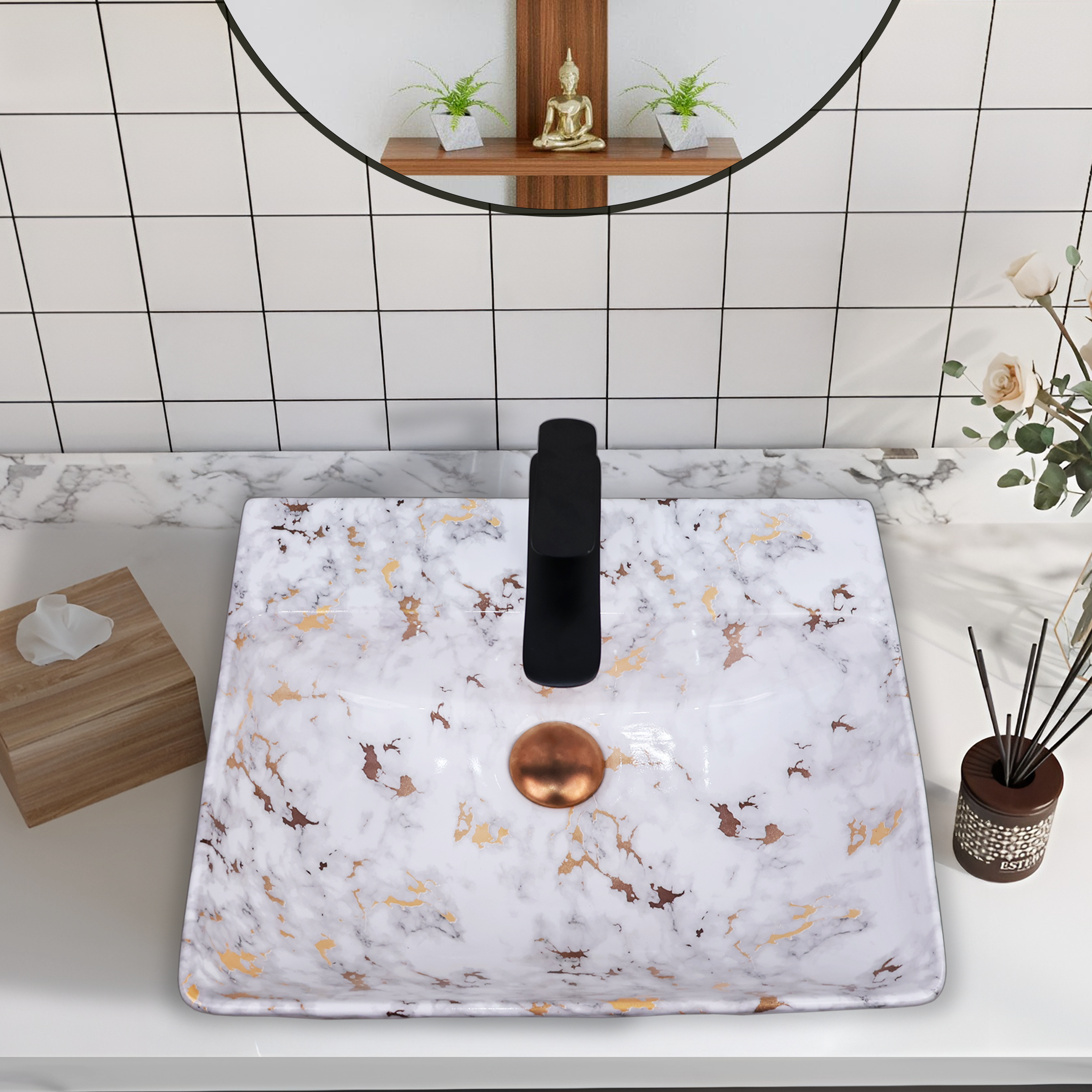 Germa Designer Wash Basin For Bathroom | Ceramic Table Top Wash Basin | Counter Top Wash Basin For Restaurants, Home Living Room |46x36x16cm| Rectangle Shape