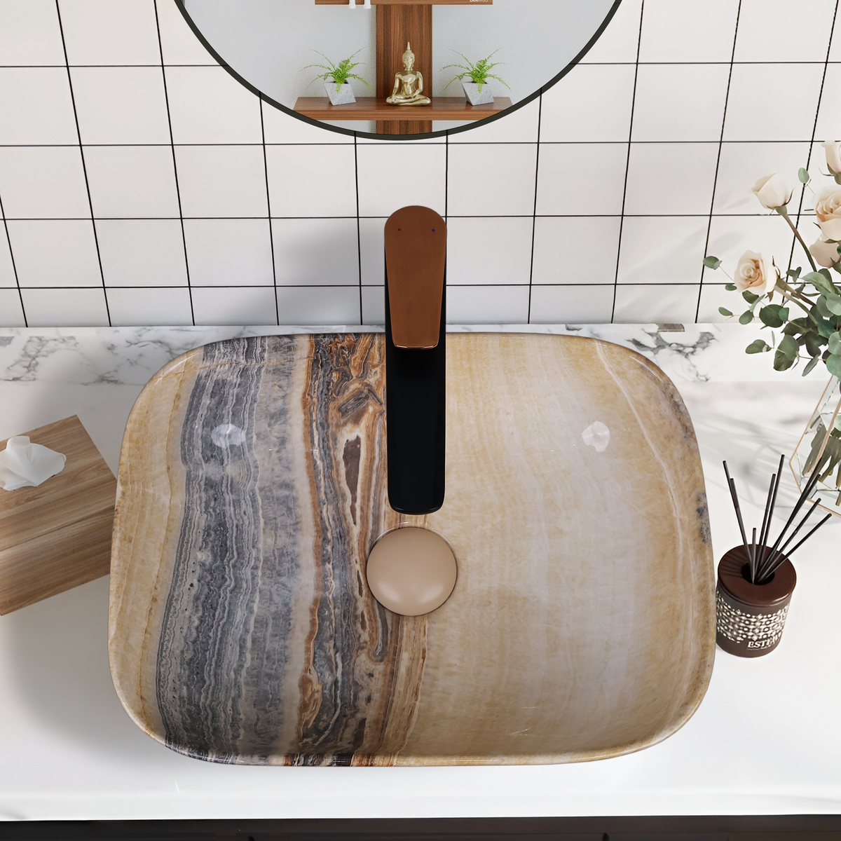 Designer Wash Basin For Bathroom | Ceramic Table Top Wash Basin | Counter Top Wash Basin For Restaurants, Home Living Room |41x31x14cm| Rectangle Shape