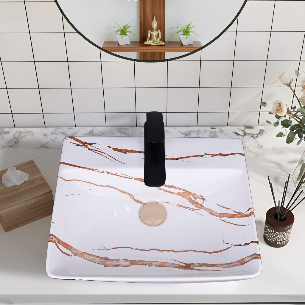 Germa Designer Wash Basin For Bathroom | Ceramic Table Top Wash Basin | Counter Top Wash Basin For Restaurants, Home Living Room |46x36x16cm| Rectangle Shape