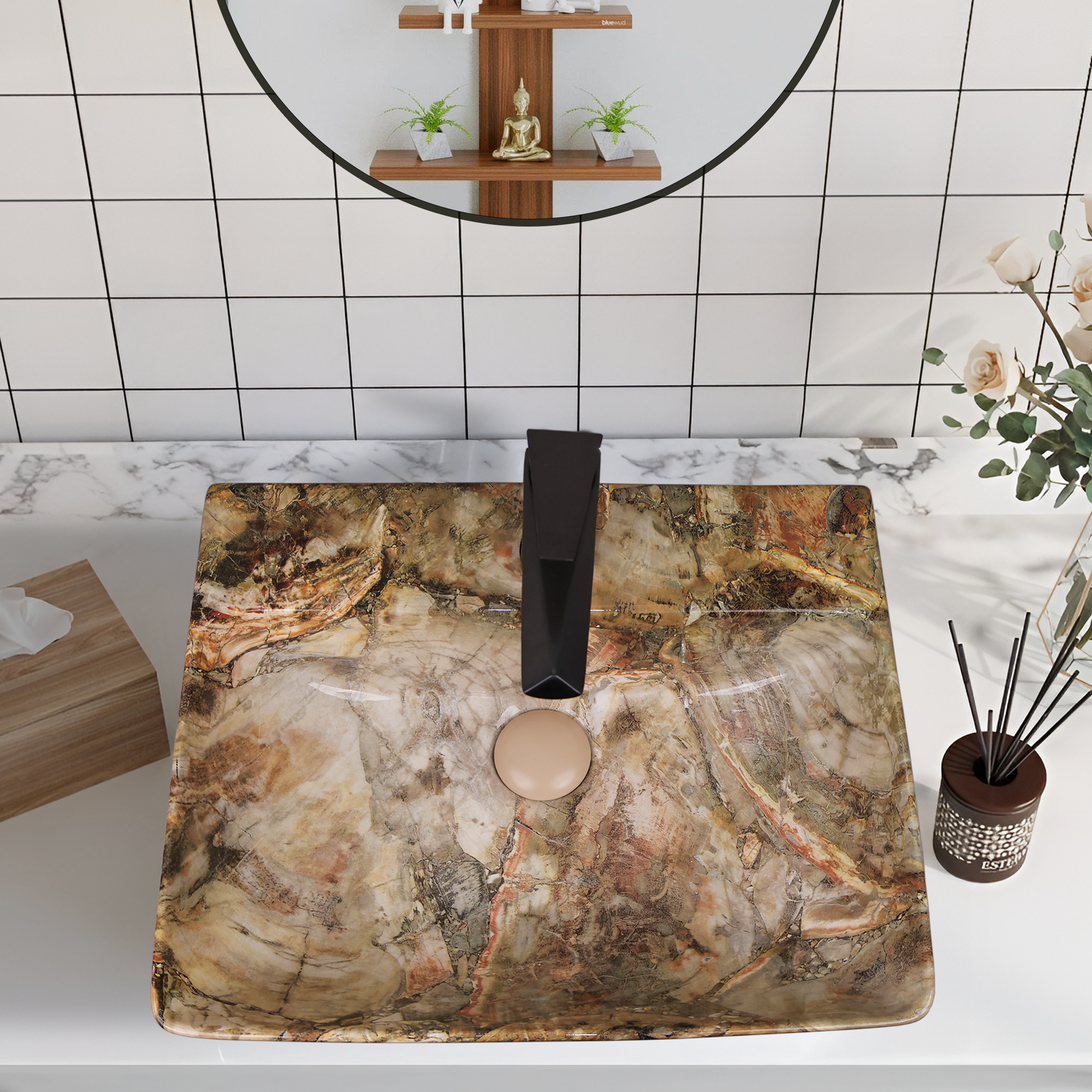 Germa Designer Wash Basin For Bathroom | Ceramic Table Top Wash Basin | Counter Top Wash Basin For Restaurants, Home Living Room |46x36x16cm| Rectangle Shape