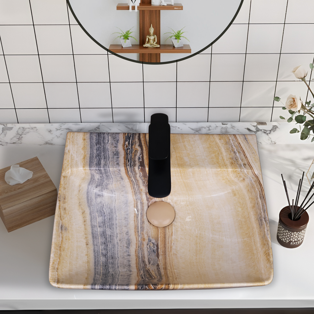 Germa Designer Wash Basin For Bathroom | Ceramic Table Top Wash Basin | Counter Top Wash Basin For Restaurants, Home Living Room |46x36x16cm| Rectangle Shape