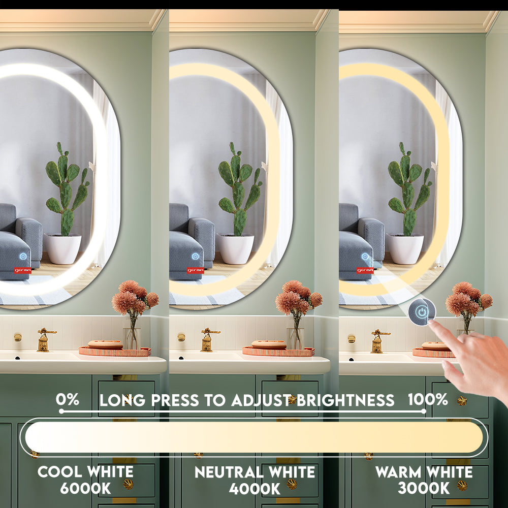 Germa LED Mirror for Bathroom with 3Lights Color Tone and Touch Sensor/Designer Mirror for Living & Bed Room/Dimmable and Memory Function Wall Mirror–Oval Capsule Shape(18x24Inch) - TR LED 7572