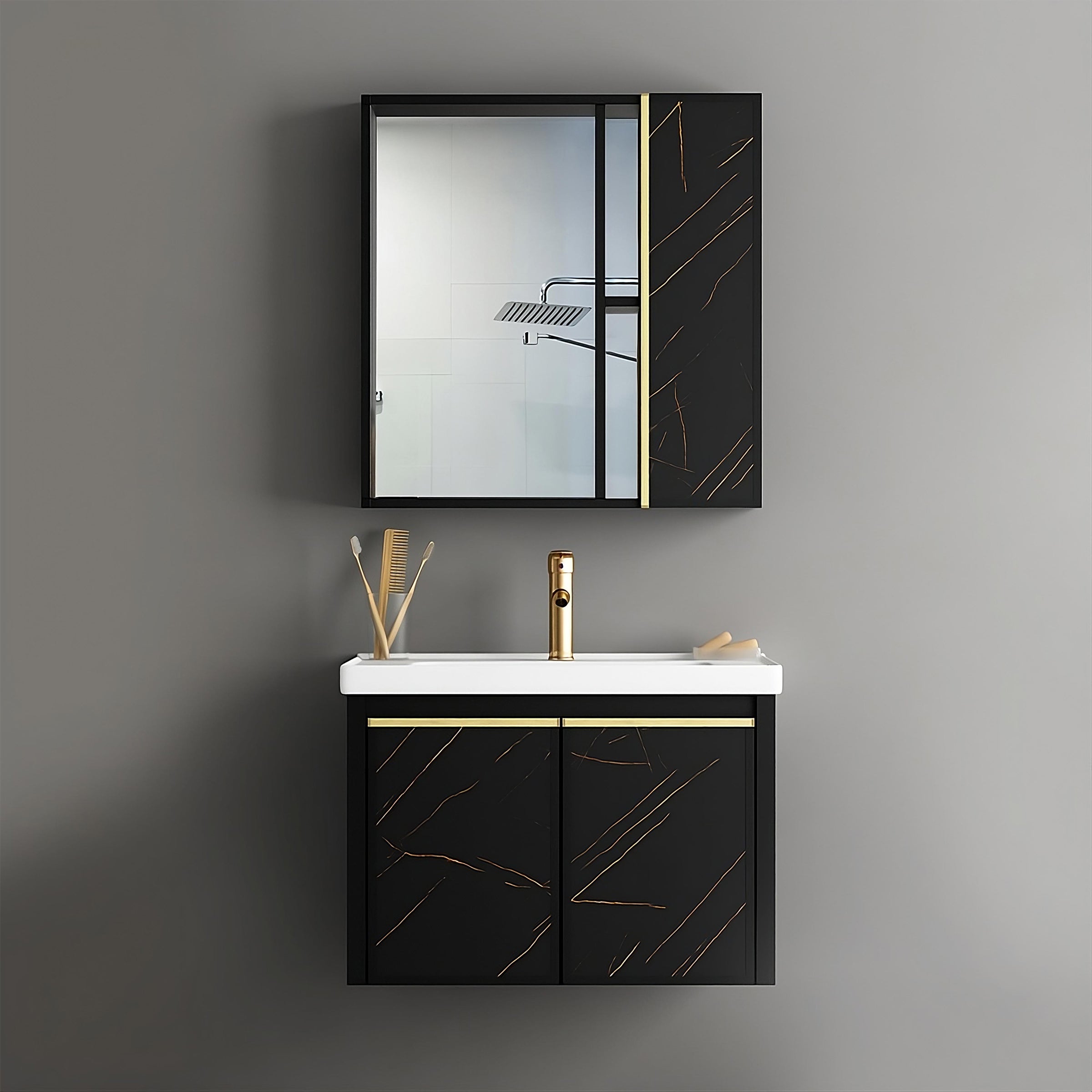 Washbasin Cabinet Along with Mirror Cabinet - Carara Black