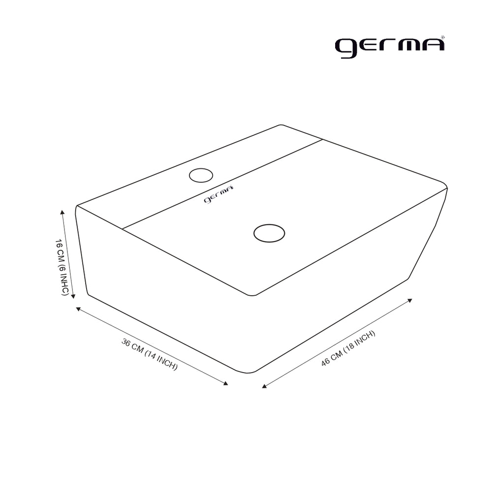 Germa Designer Wash Basin For Bathroom | Ceramic Table Top Wash Basin | Counter Top Wash Basin For Restaurants, Home Living Room |46x36x16cm| Rectangle Shape