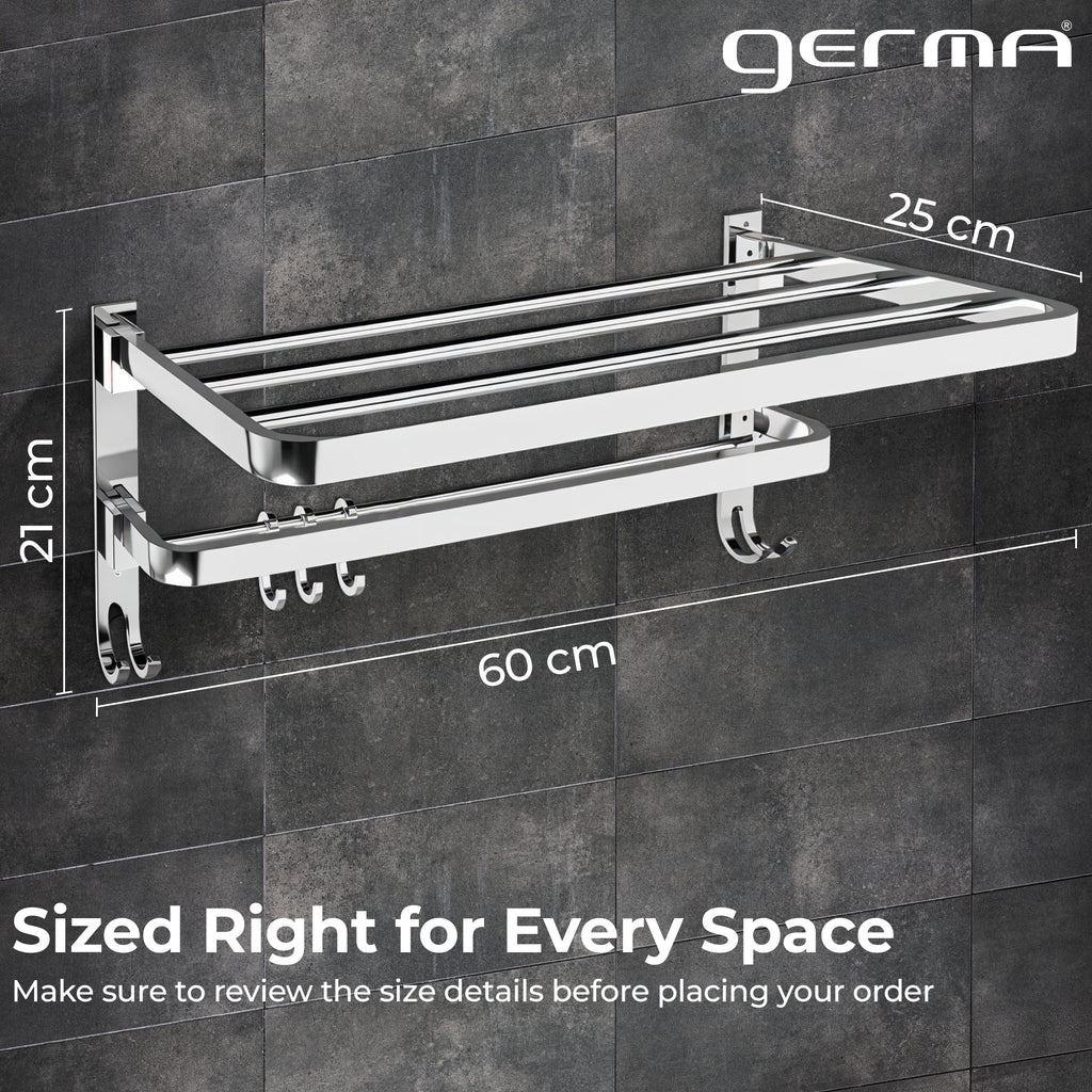 Germa 2-Tier 304 Foldable Stainless Steel Towel Rack for Bathroom | Wall Mounted Towel Holder with Movable Hooks | Space Saving Dual Shelf with Hanging Bar | Chrome 24inch - 304 Towel Rack