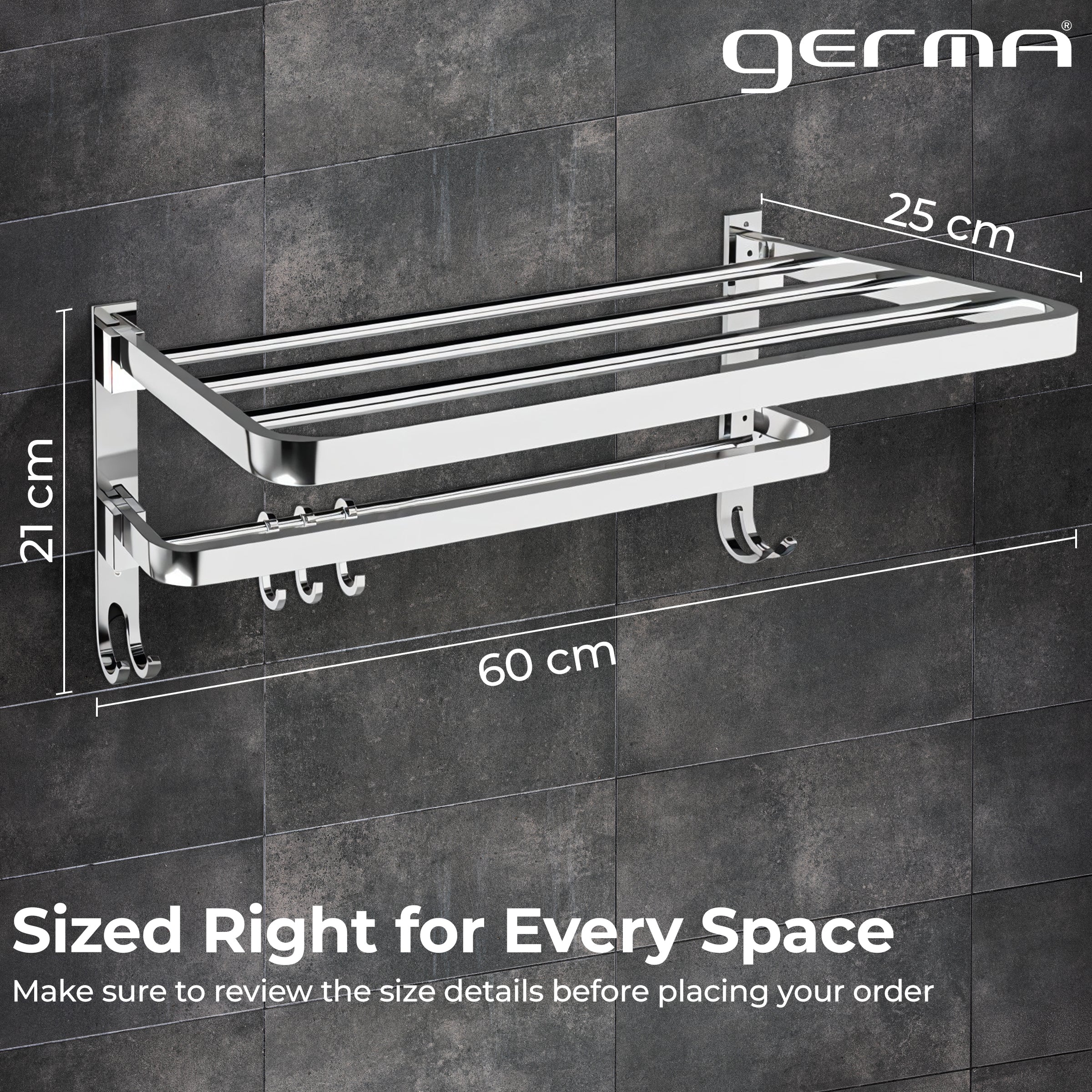 Germa 2-Tier 304 Foldable Stainless Steel Towel Rack for Bathroom | Wall Mounted Towel Holder with Movable Hooks | Space Saving Dual Shelf with Hanging Bar | Chrome 24inch - 304 Towel Rack