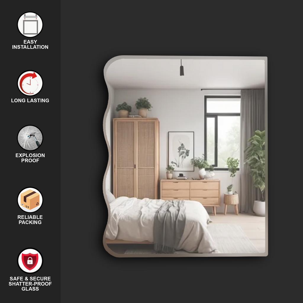 Germa Wave-Edge Rectangle Wall Mounted Frameless Mirror with Beveled Edges/Wall Mirror for Bathroom/Living Room/Bed Room/Dressing Room (60cm x 45cm)