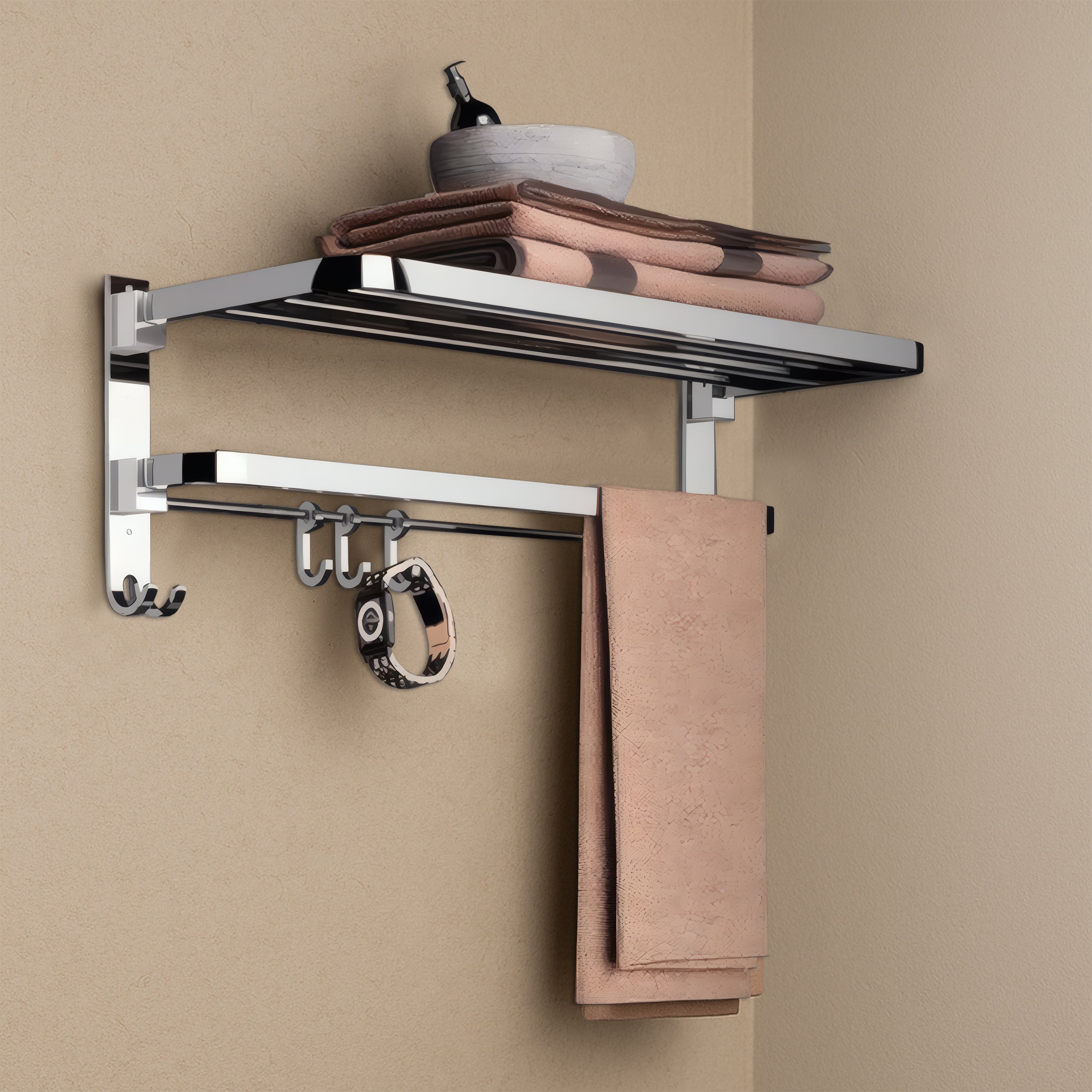 Germa 2-Tier 304 Foldable Stainless Steel Towel Rack for Bathroom | Wall Mounted Towel Holder with Movable Hooks | Space Saving Dual Shelf with Hanging Bar | Chrome 24inch