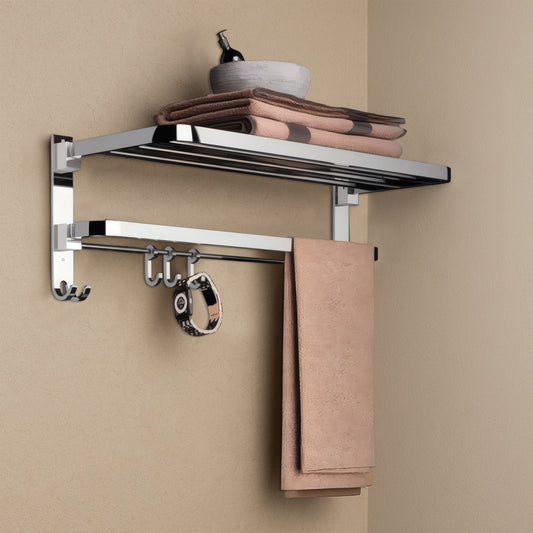 Germa 2-Tier 304 Foldable Stainless Steel Towel Rack for Bathroom | Wall Mounted Towel Holder with Movable Hooks | Space Saving Dual Shelf with Hanging Bar | Chrome 24inch - 304 Towel Rack