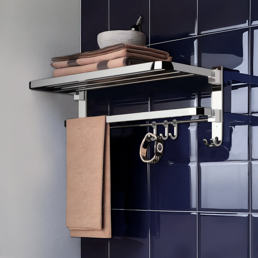 Germa 2-Tier 304 Foldable Stainless Steel Towel Rack for Bathroom | Wall Mounted Towel Holder with Movable Hooks | Space Saving Dual Shelf with Hanging Bar | Chrome 24inch - 304 Towel Rack