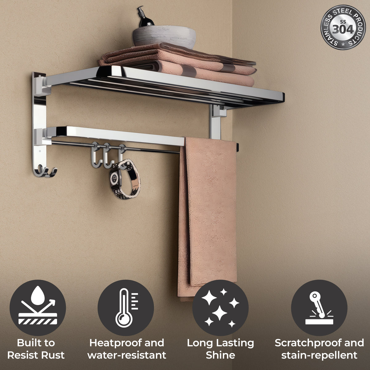 Germa 2-Tier 304 Foldable Stainless Steel Towel Rack for Bathroom | Wall Mounted Towel Holder with Movable Hooks | Space Saving Dual Shelf with Hanging Bar | Chrome 24inch - 304 Towel Rack