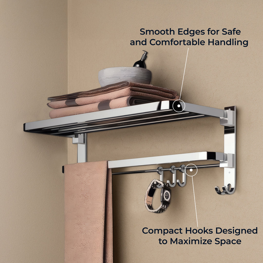 Germa 2-Tier 304 Foldable Stainless Steel Towel Rack for Bathroom | Wall Mounted Towel Holder with Movable Hooks | Space Saving Dual Shelf with Hanging Bar | Chrome 24inch - 304 Towel Rack