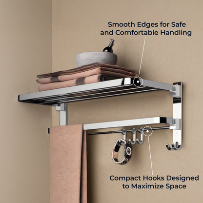 Germa 2-Tier 304 Foldable Stainless Steel Towel Rack for Bathroom | Wall Mounted Towel Holder with Movable Hooks | Space Saving Dual Shelf with Hanging Bar | Chrome 24inch - 304 Towel Rack