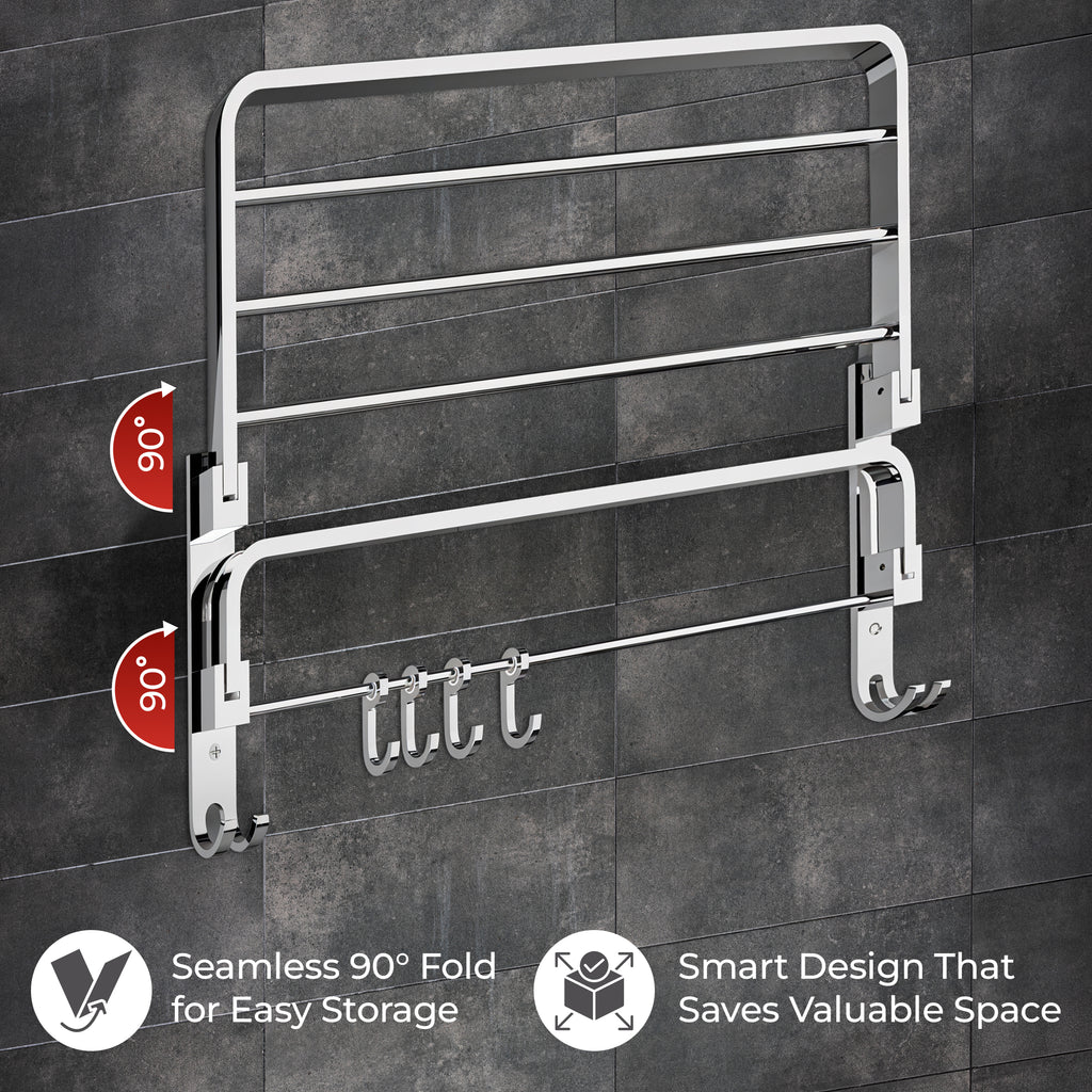 Germa 2-Tier 304 Foldable Stainless Steel Towel Rack for Bathroom | Wall Mounted Towel Holder with Movable Hooks | Space Saving Dual Shelf with Hanging Bar | Chrome 24inch - 304 Towel Rack