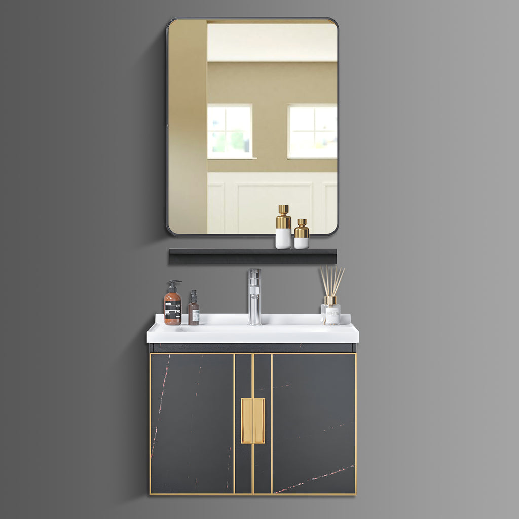 Washbasin Cabinet with Mirror and Shelf - Black Marble