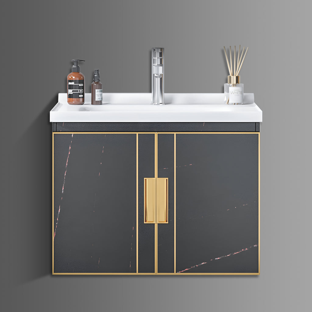Washbasin Cabinet with Mirror and Shelf - Black Marble