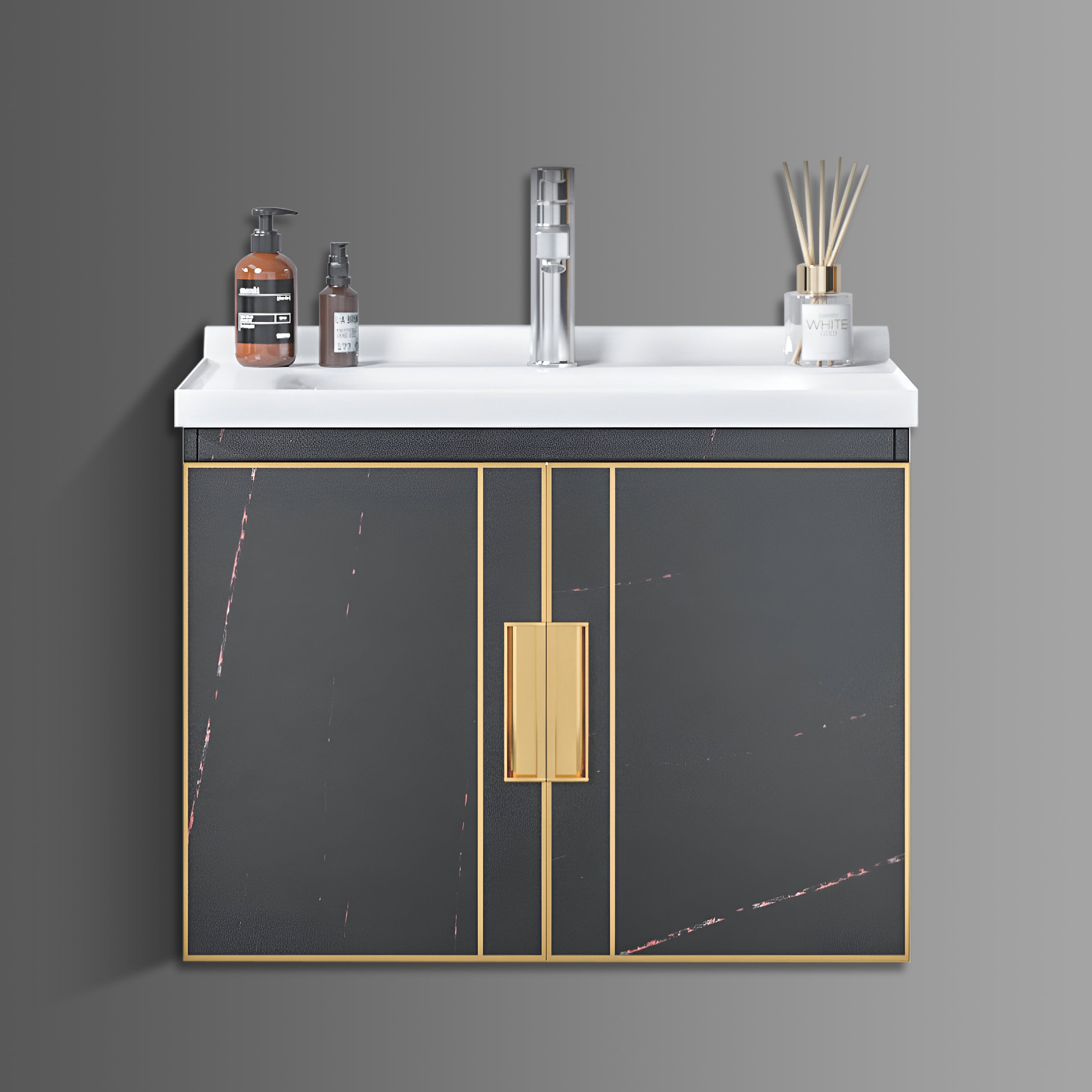 Washbasin Cabinet with Mirror and Shelf - Black Marble