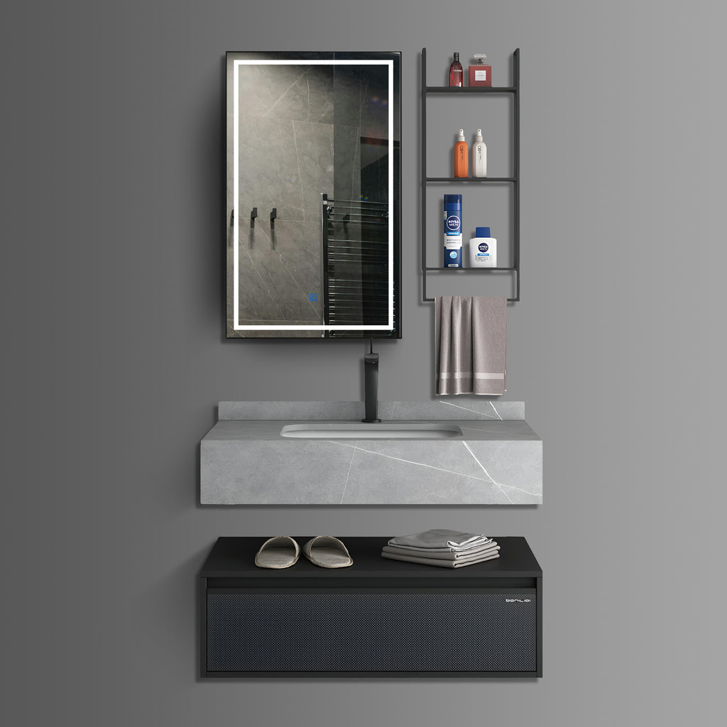 Washbasin Cabinet with Led Mirror and Side Cabinet - Marble Grey