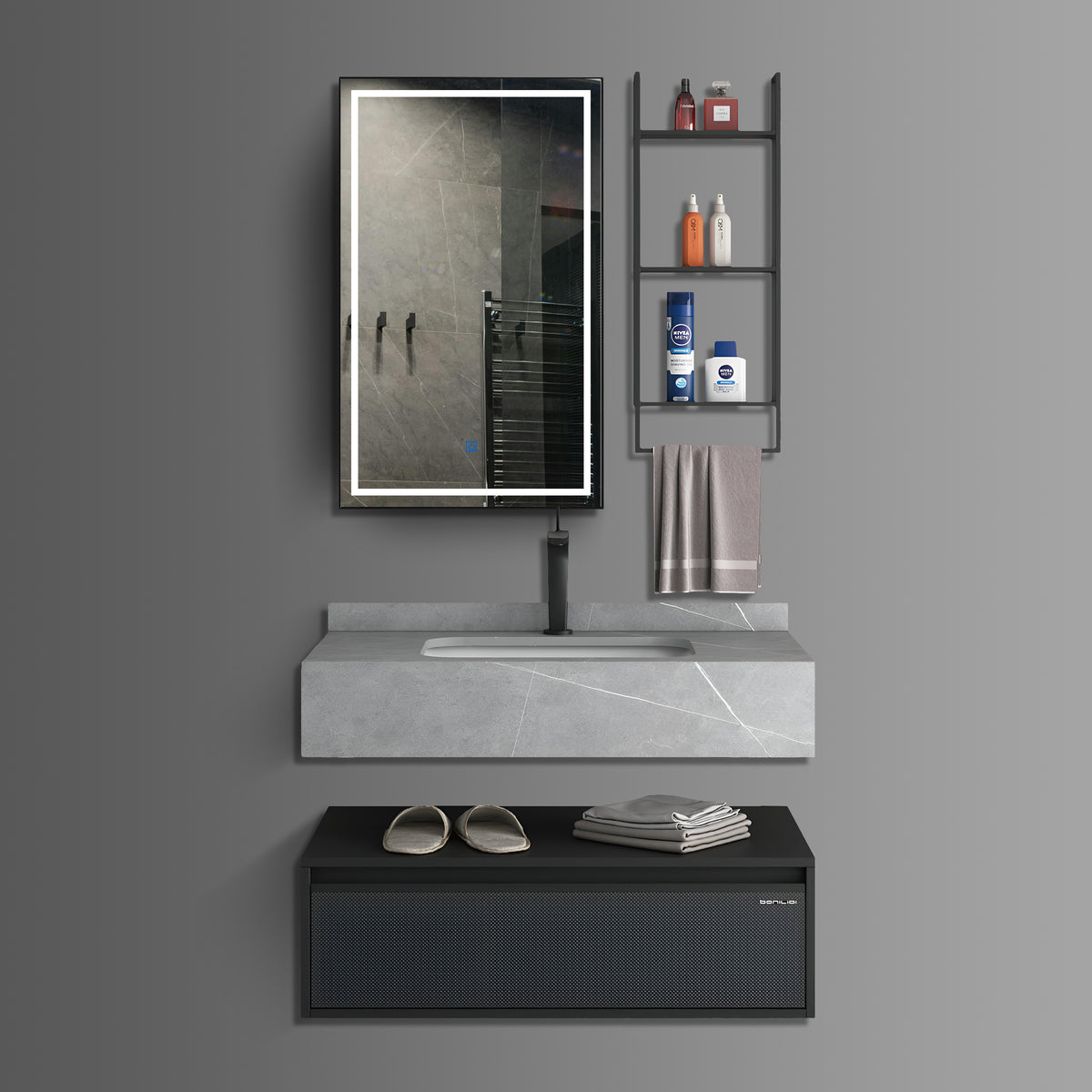 Washbasin Cabinet with Led Mirror and Side Cabinet - TR 4061-80 MARBLE GREY