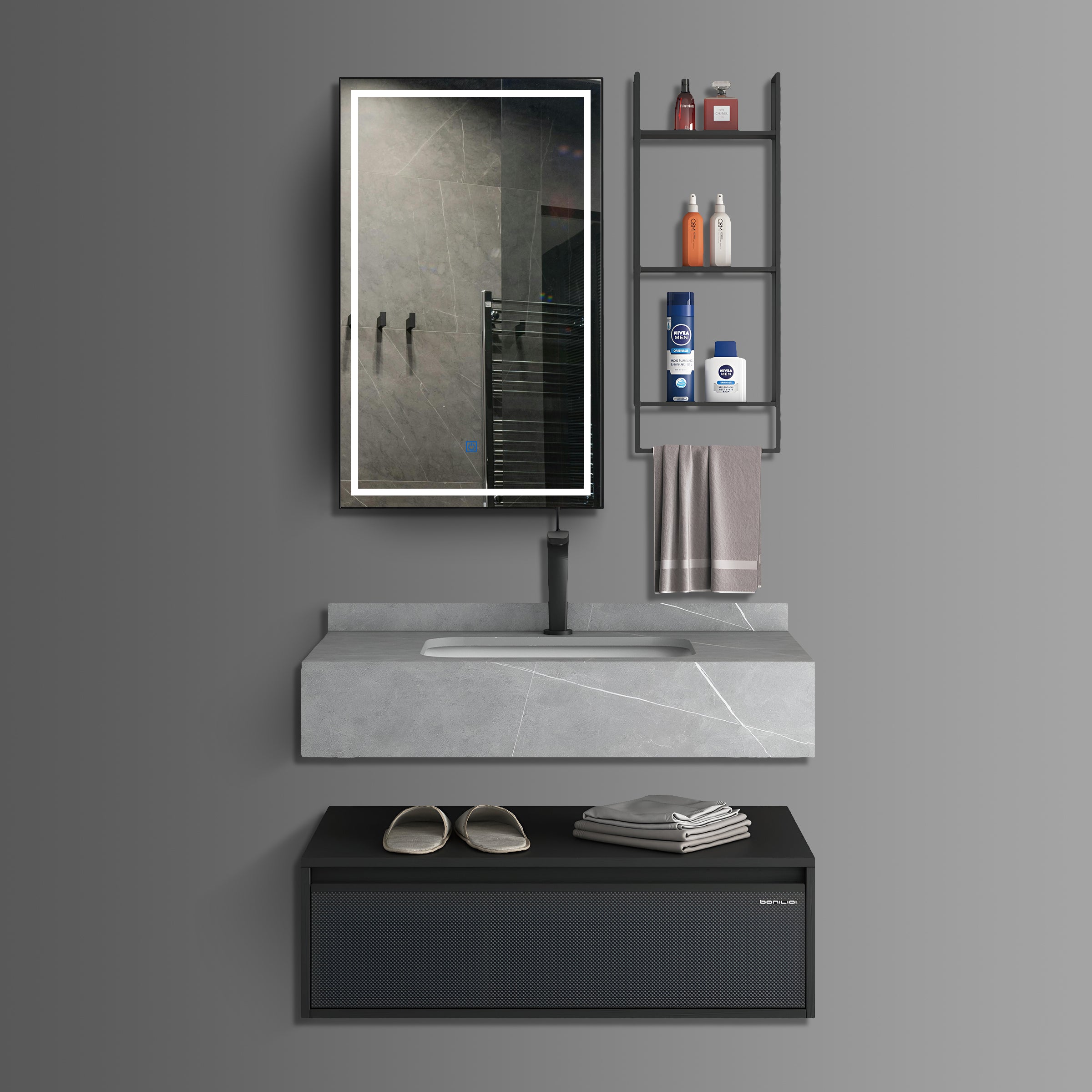 Washbasin Cabinet with Led Mirror and Side Cabinet - Marble Grey
