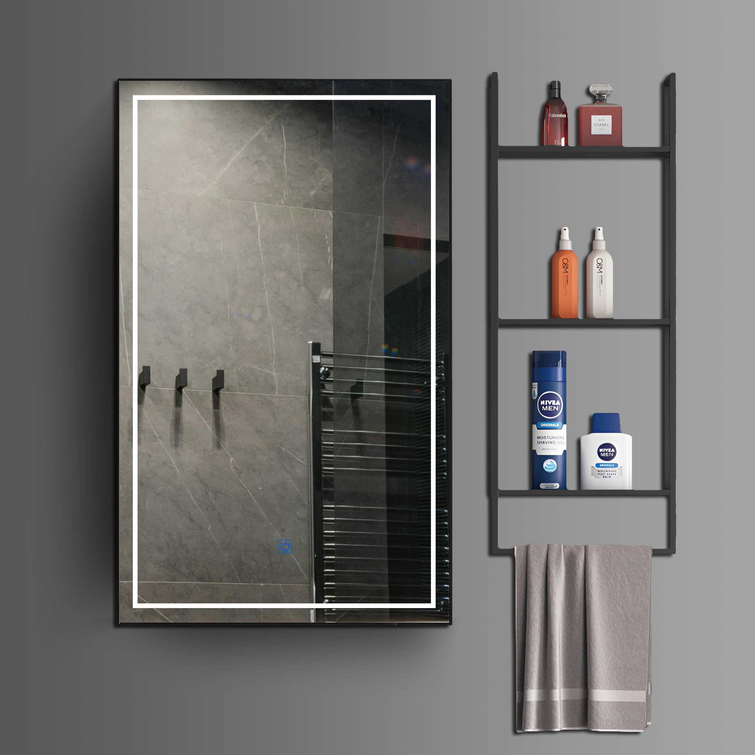 Washbasin Cabinet with Led Mirror and Side Cabinet - Marble Grey