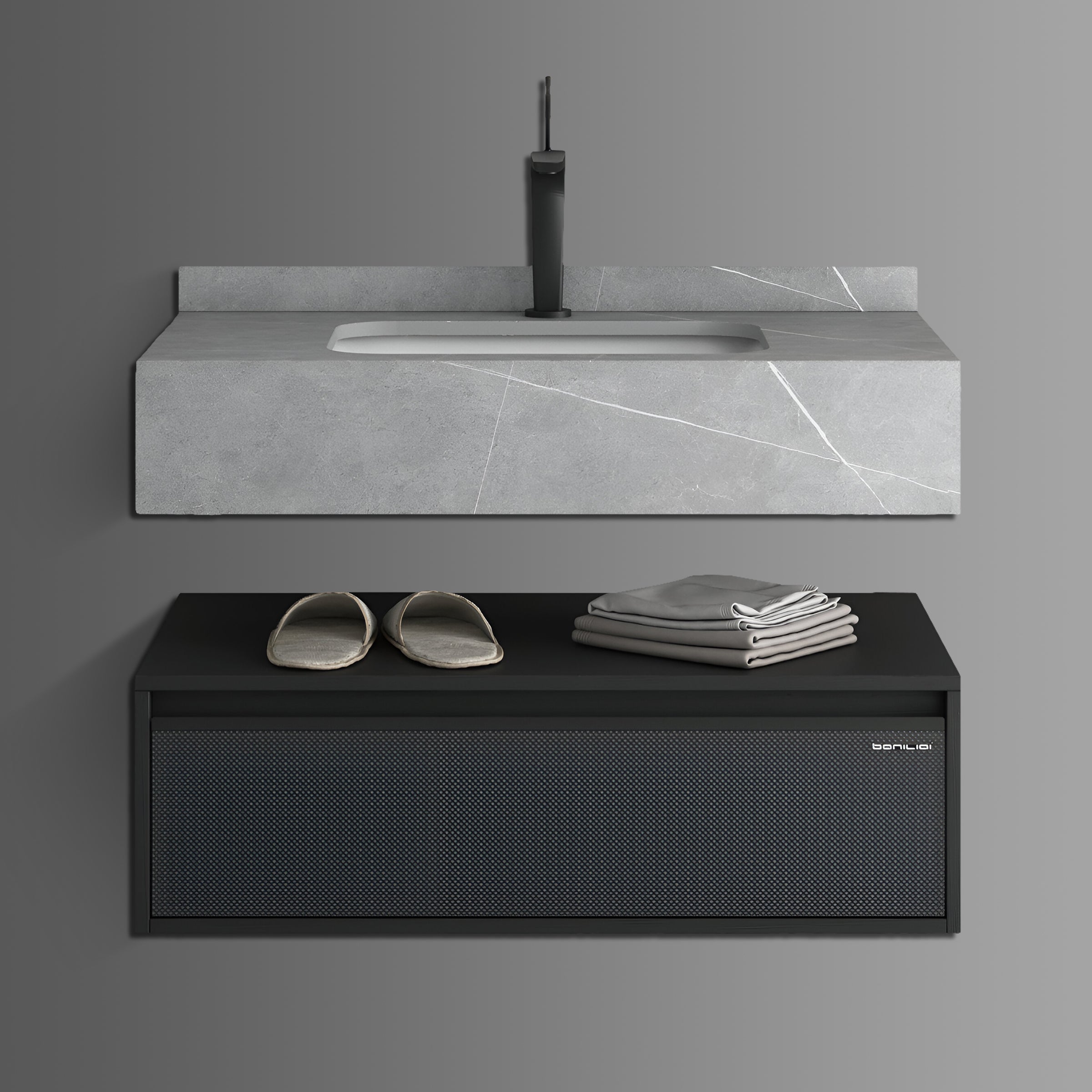 Washbasin Cabinet with Led Mirror and Side Cabinet - Marble Grey