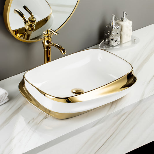 Ceramic Table Top Designer Basin - TR 20048-W+G WHITE+GOLD