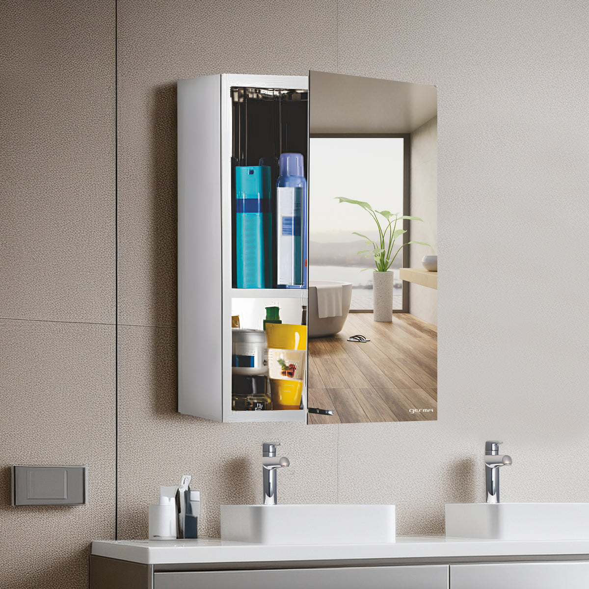 Germa Sanitarywares Premium 304 Grade Stainless Steel Bathroom Mirror Cabinet with Storage | Sleek Wall-Mounted Medicine Mirror Cabinet | Shelf with Mirror | Bathroom Organiser Chrome(16x24Inch) - TR SS 1014 (16x24inch)