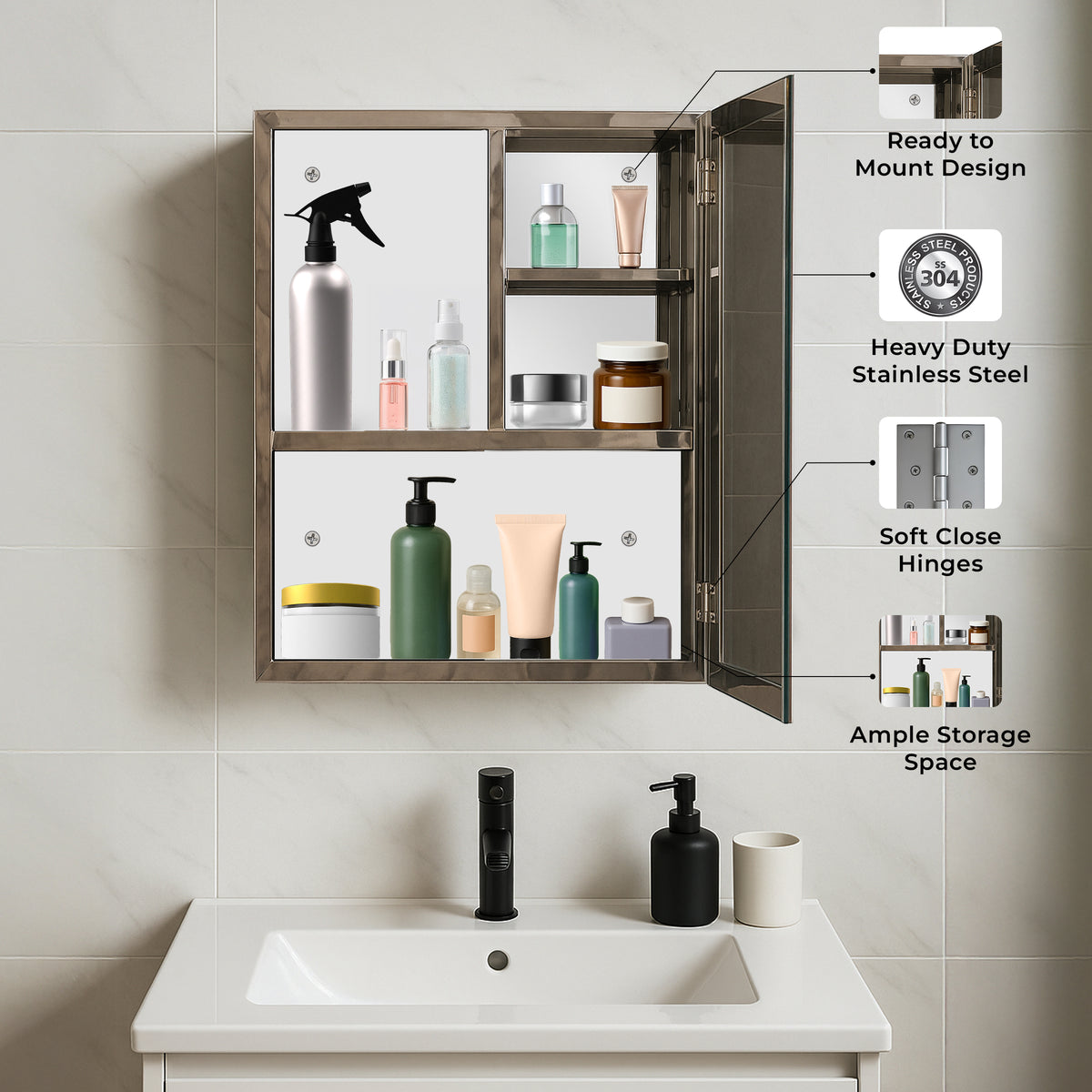 Germa Sanitarywares Premium 304 Grade Stainless Steel Bathroom Mirror Cabinet with Storage | Sleek Wall-Mounted Medicine Mirror Cabinet | Shelf with Mirror | Bathroom Organiser Chrome(16x24Inch) - TR SS 1014 (16x24inch)