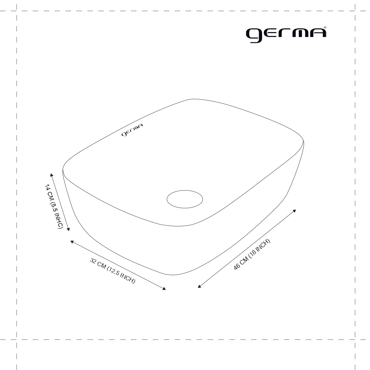 Germa Designer Wash Basin For Bathroom |Ceramic Table Top Wash Basin| Counter Top Basin For Restaurants,Living Room |45.5x32x14cm|Rectangle Shape