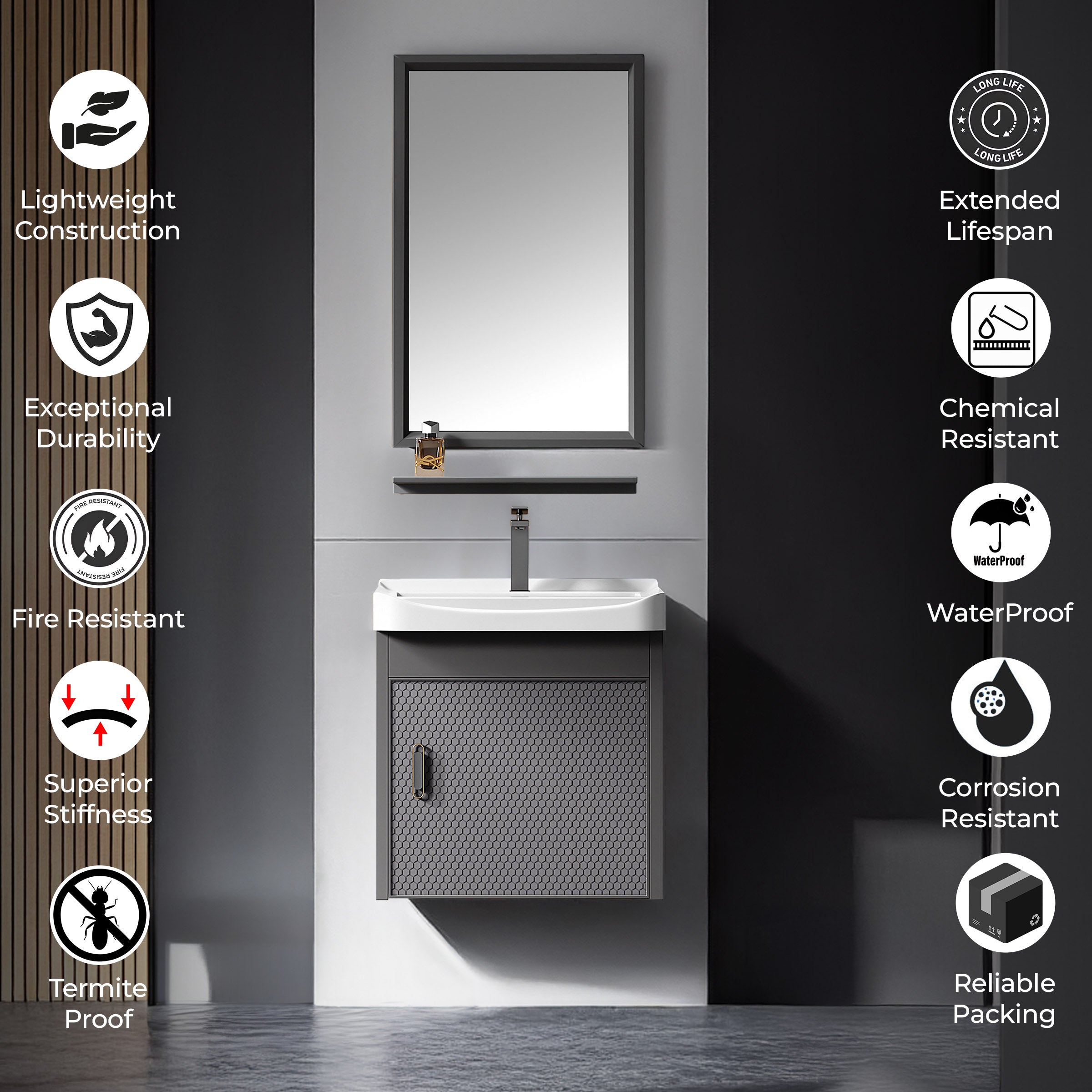 Carbon Fiber Vanity Cabinet with Mirror - Ginea Grey