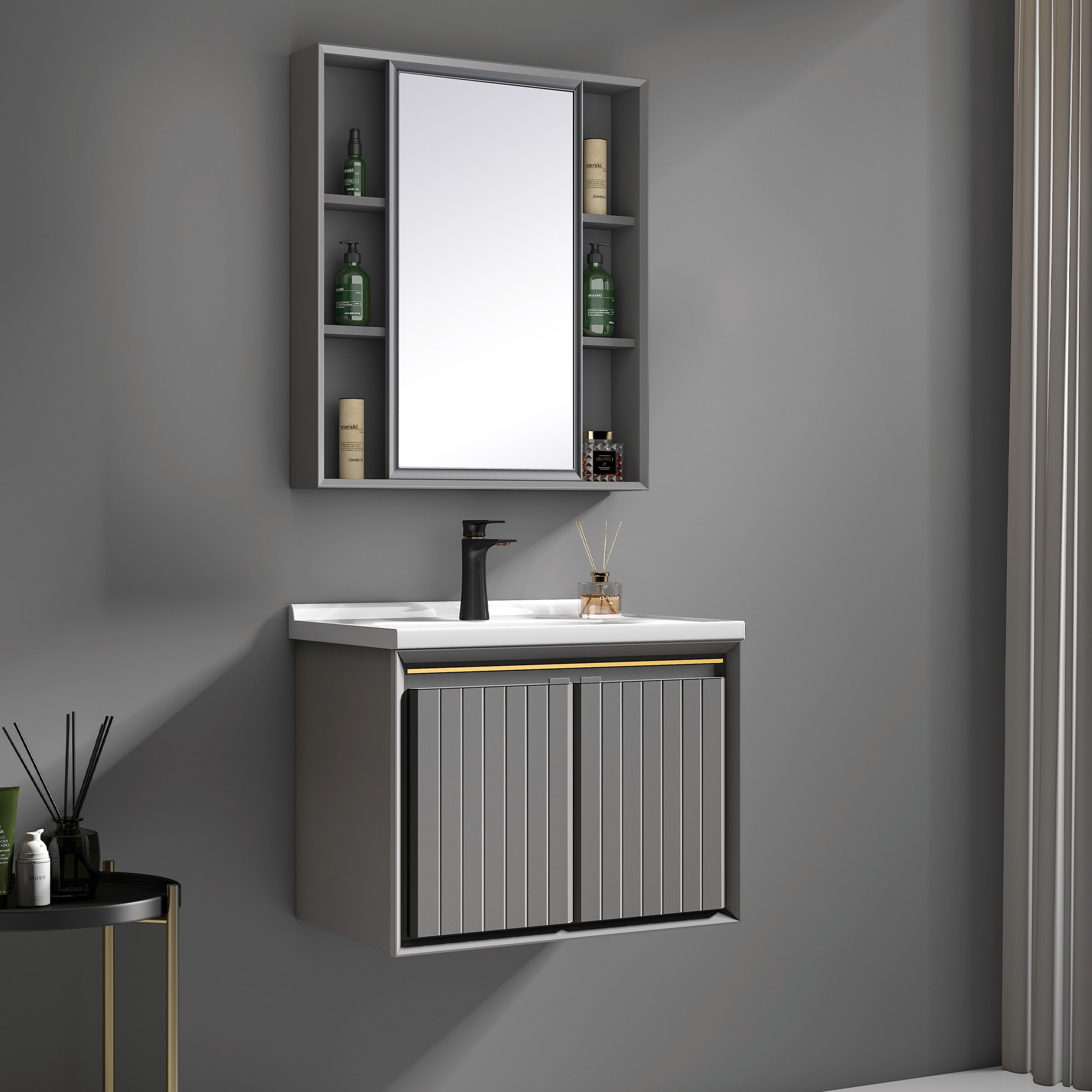 Carbon Fiber Cabinet with Mirror Cabinet - Vertical Line Grey