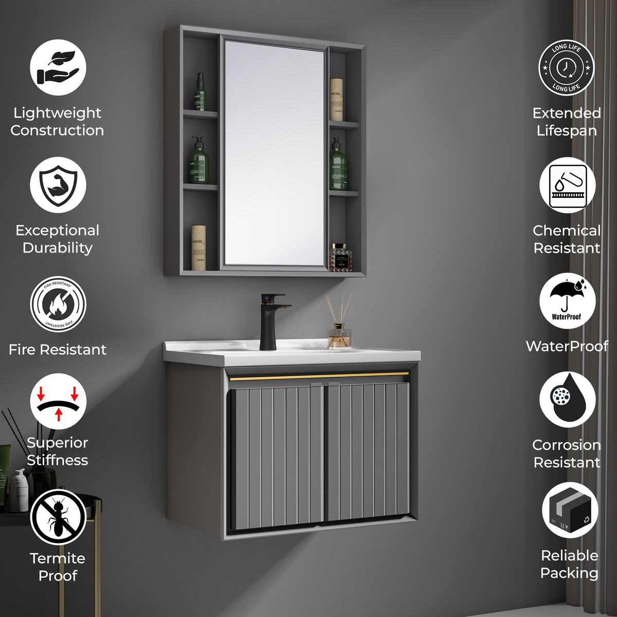 Carbon Fiber Cabinet with Mirror Cabinet - TR 3515 Vertical Line Grey