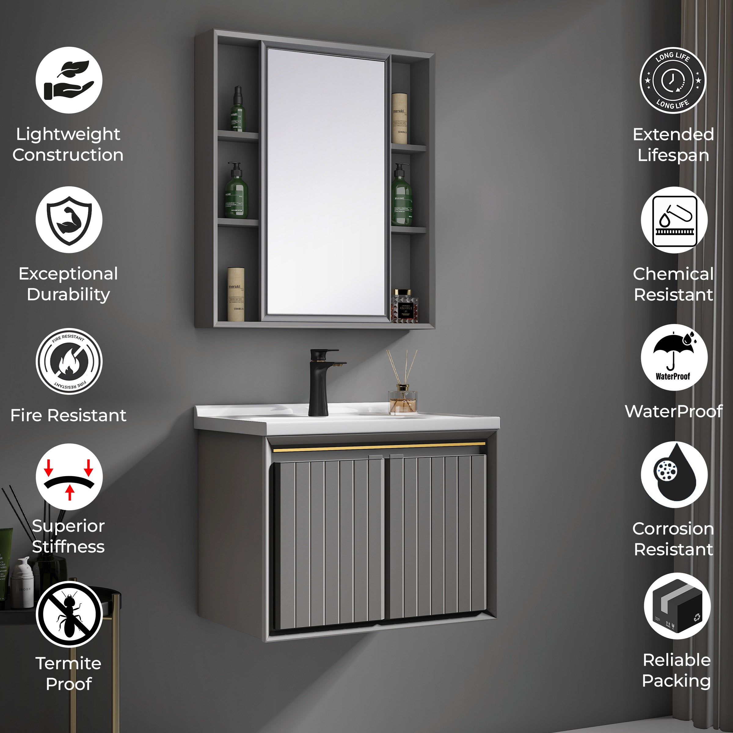 Carbon Fiber Cabinet with Mirror Cabinet - Vertical Line Grey