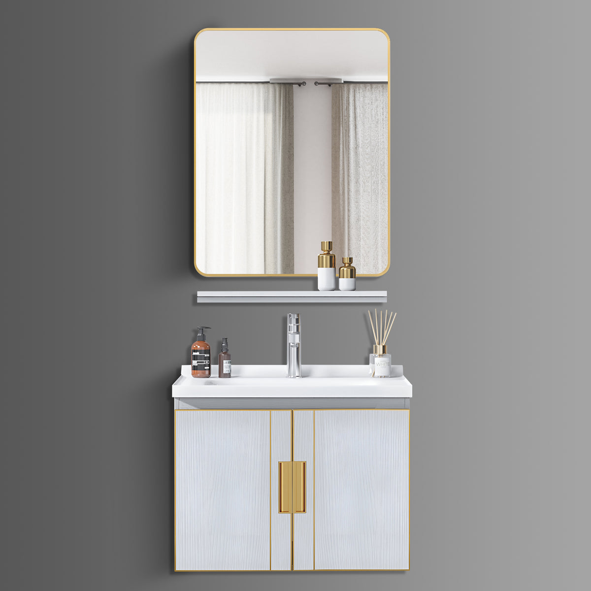 Washbasin Cabinet with Mirror and Shelf - TR 3332 White Marble