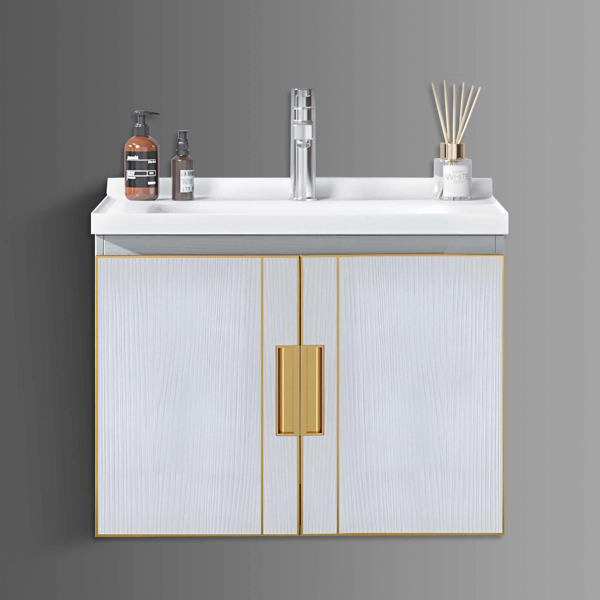 Washbasin Cabinet with Mirror and Shelf - White Marble